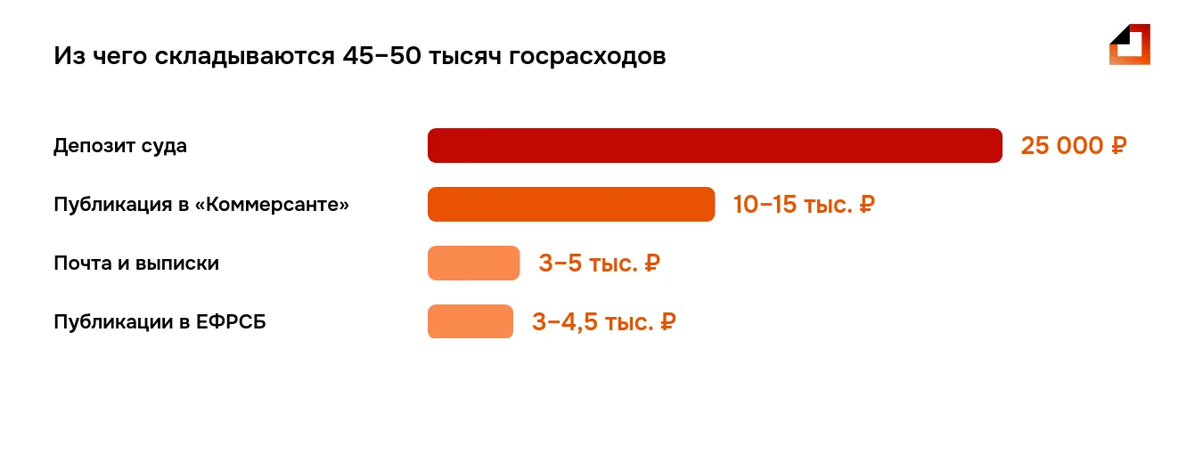 Смета госрасходов, чтобы подать на банкротство физического лица самому: депозит суда 25 000 ₽, «Коммерсантъ» 10–15 тысяч, почта и выписки 3–5 тысяч, ЕФРСБ 3–4,5 тысячи